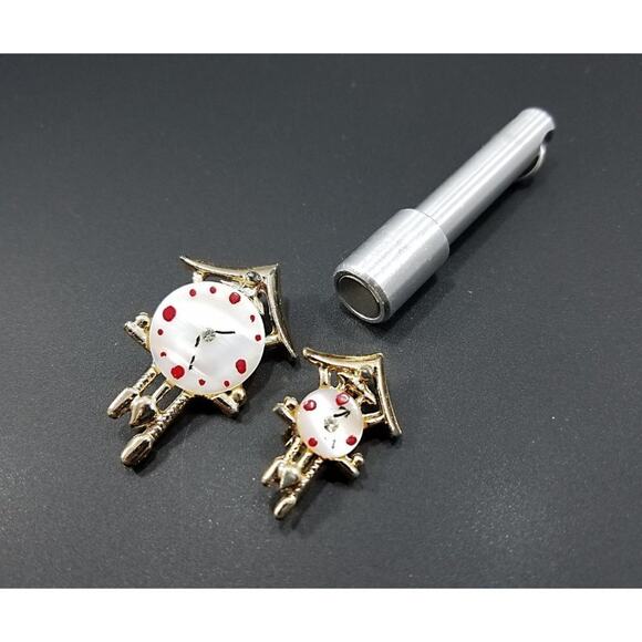 Vintage Cuckoo Clock Pins, Mother of Pearl Faces, 1950s Set of Two - Picture 3 of 10